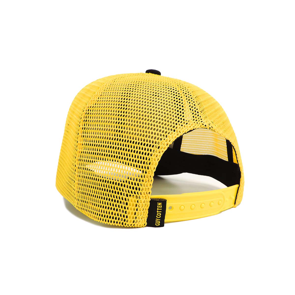 Yellow mesh Guy Cotten cap with black interior and Guy Cotten brand logo on a white background