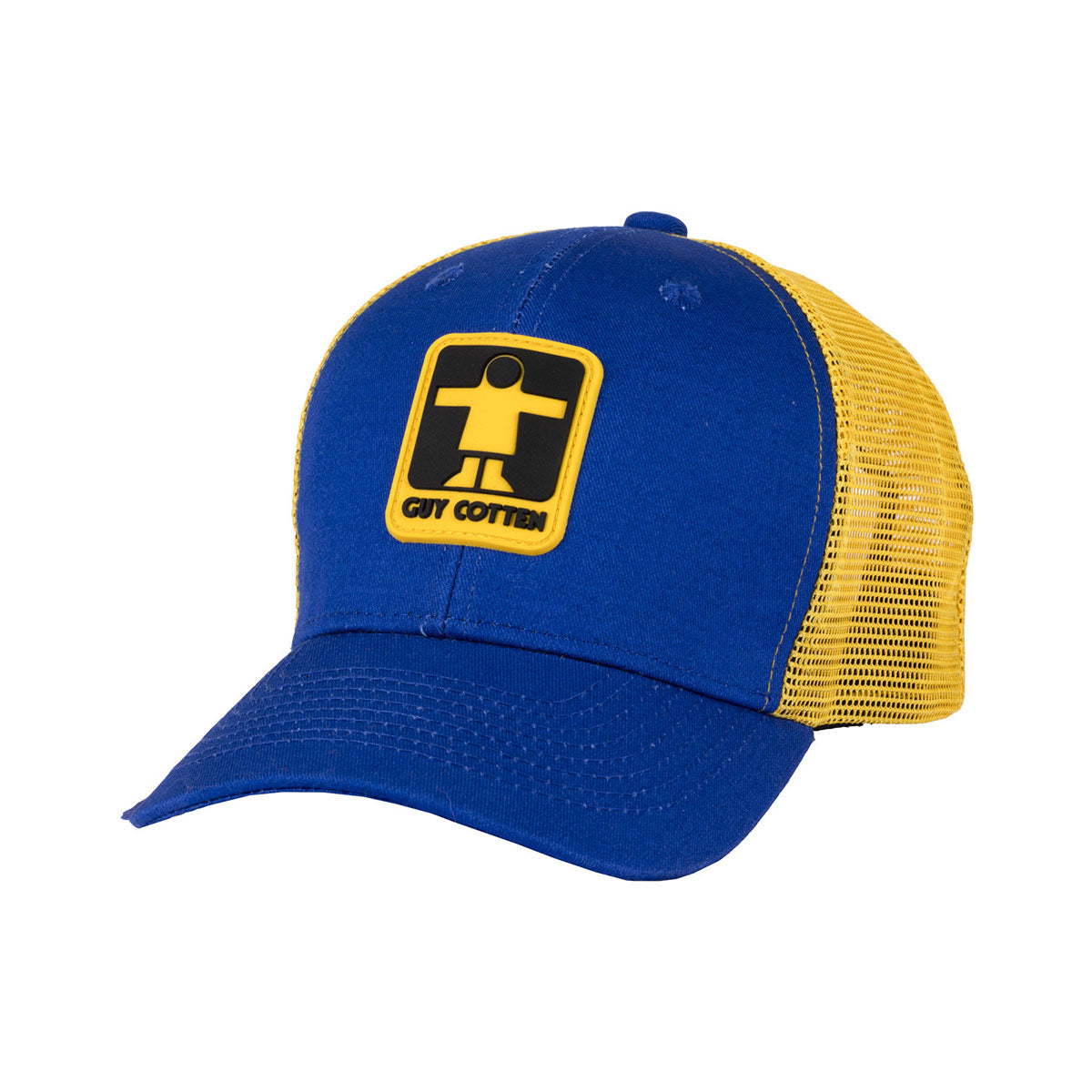 Blue and yellow Guy Cotten cap with a Guy Cotten logo on a white background