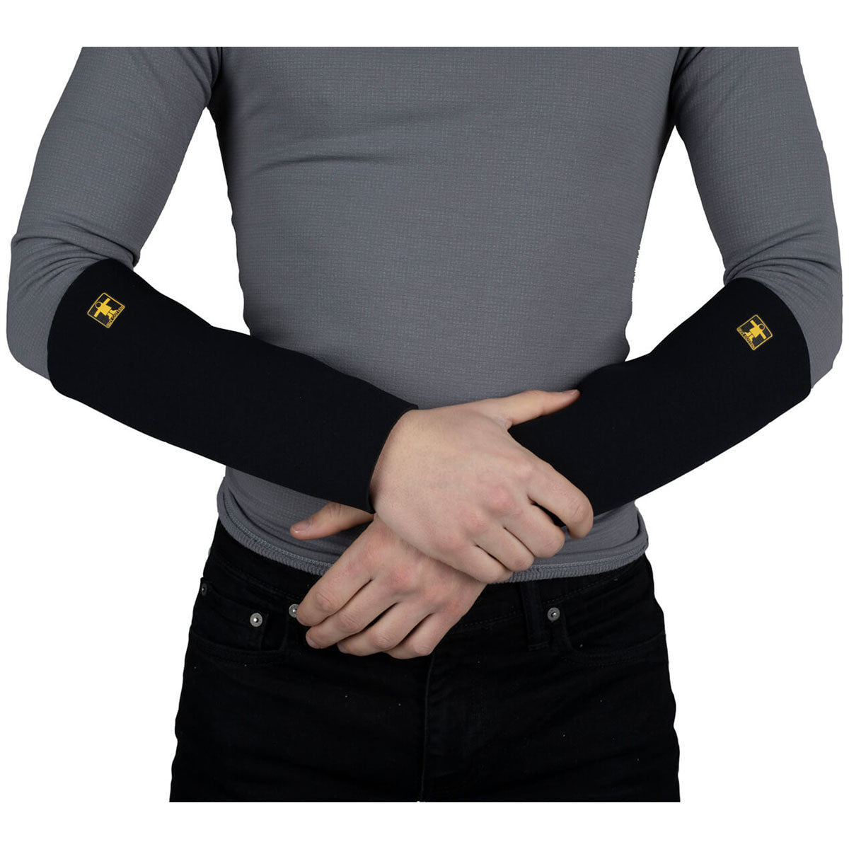 Person wearing Guy Cotten black neoprene cuffs for waterproof protection