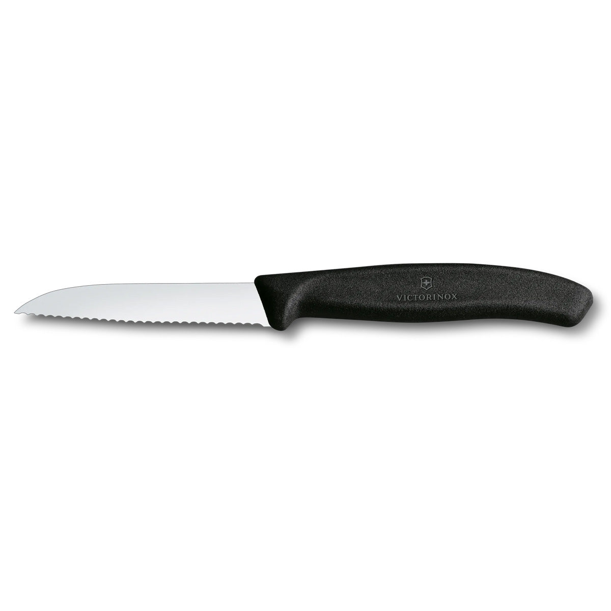 Victorinox knife with black handle on a white background, compatible with Guy Cotten Elastic Belt and Knife Sheath Kit for fishing and agriculture use