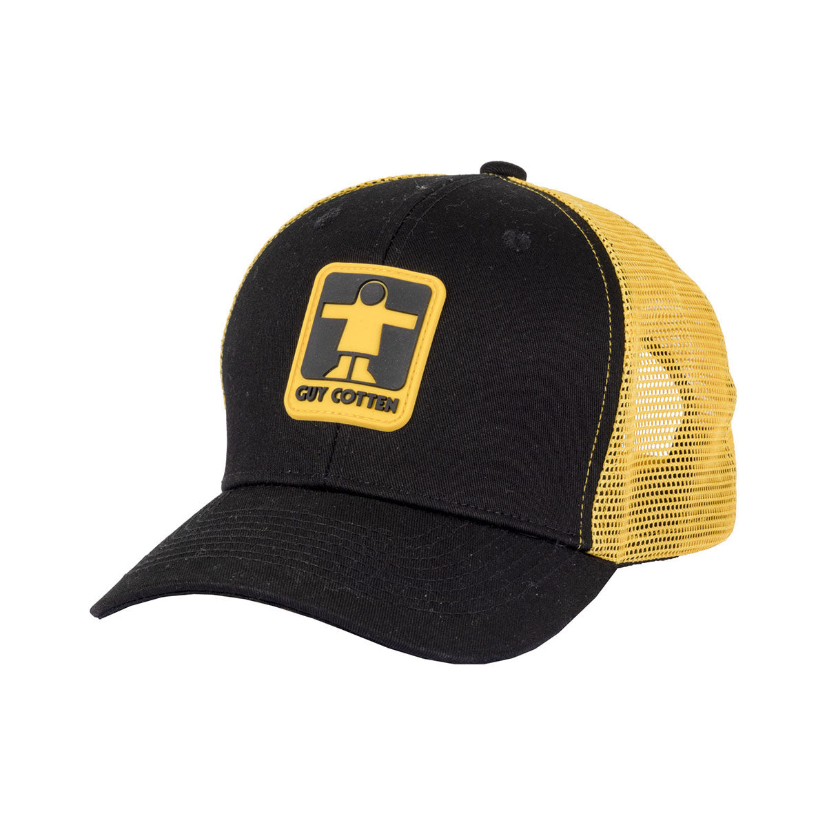 Black and yellow Guy Cotten cap with a Guy Cotten logo on a white background