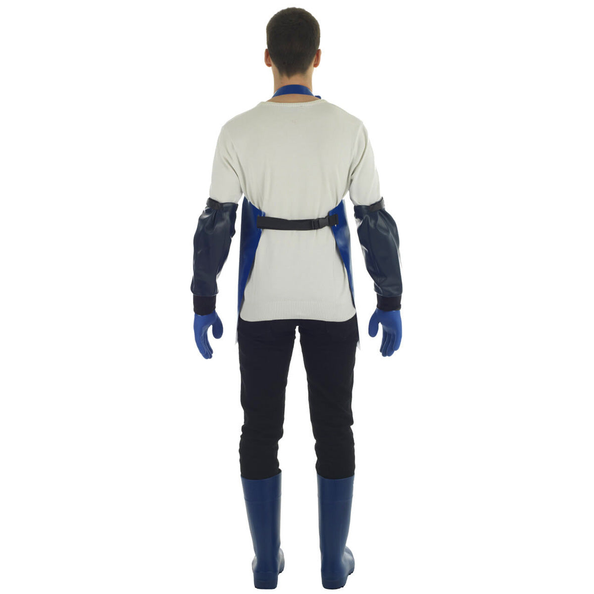 Back view of a person wearing a Guy Cotten Crab Apron with neck and back straps fastened, wearing Maree Aqua Cuffs