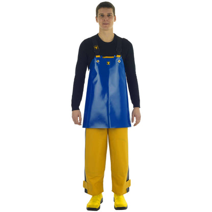 Person wearing a Guy Cotten Crab blue PVC short apron attached to fishing bib & braces