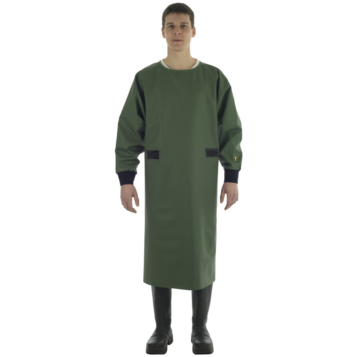 Person wearing a Guy Cotten green PVC milking apron with neoprene cuffs, called the Eleveur Apron