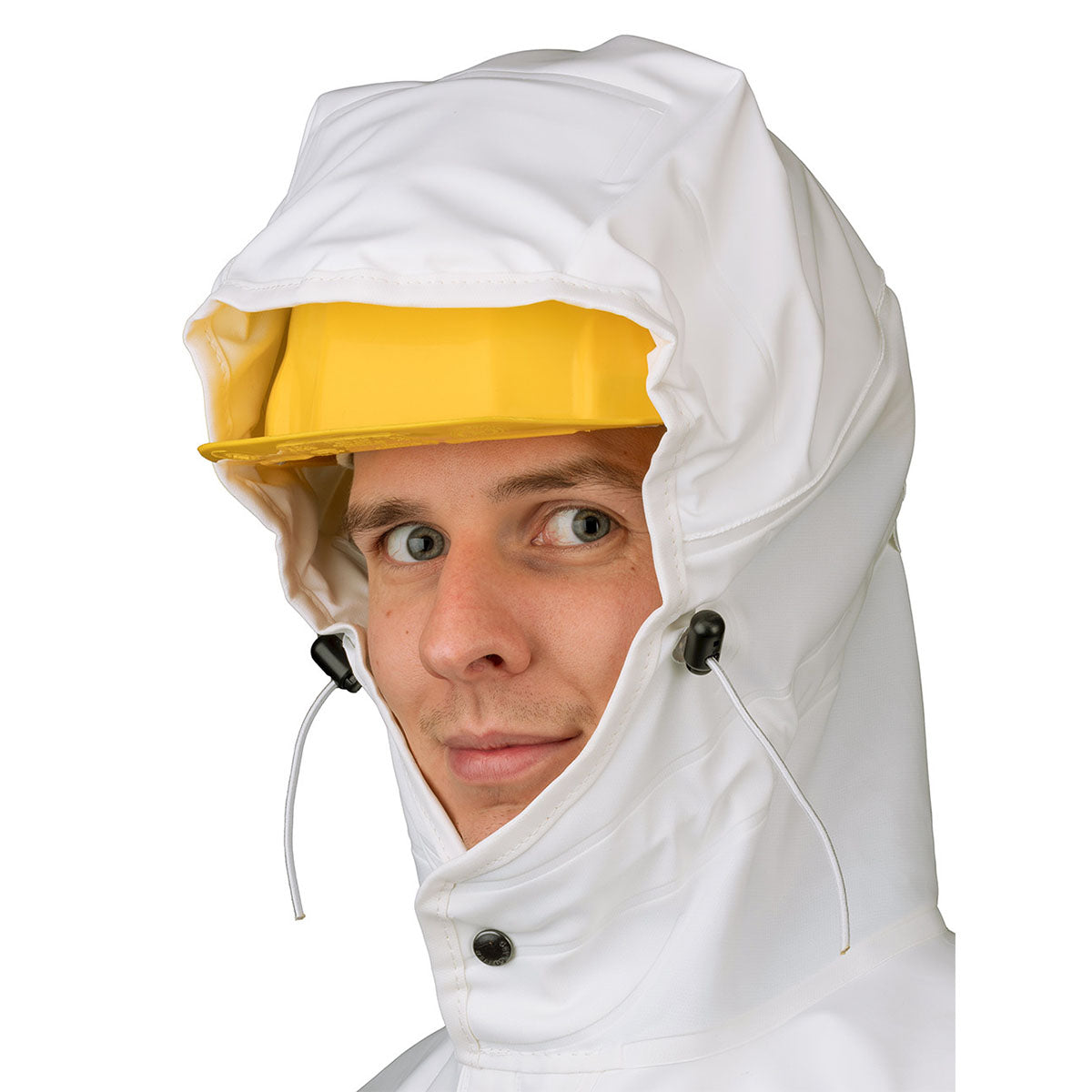 Person wearing a white hooded protective waterproof coat with a yellow helmet hard hat on a white background
