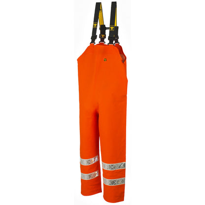 Orange waterproof reversible safety bib overalls with reflective stripes on a white background