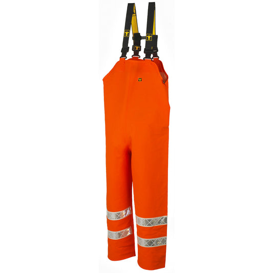 Orange waterproof reversible safety bib overalls with reflective stripes on a white background