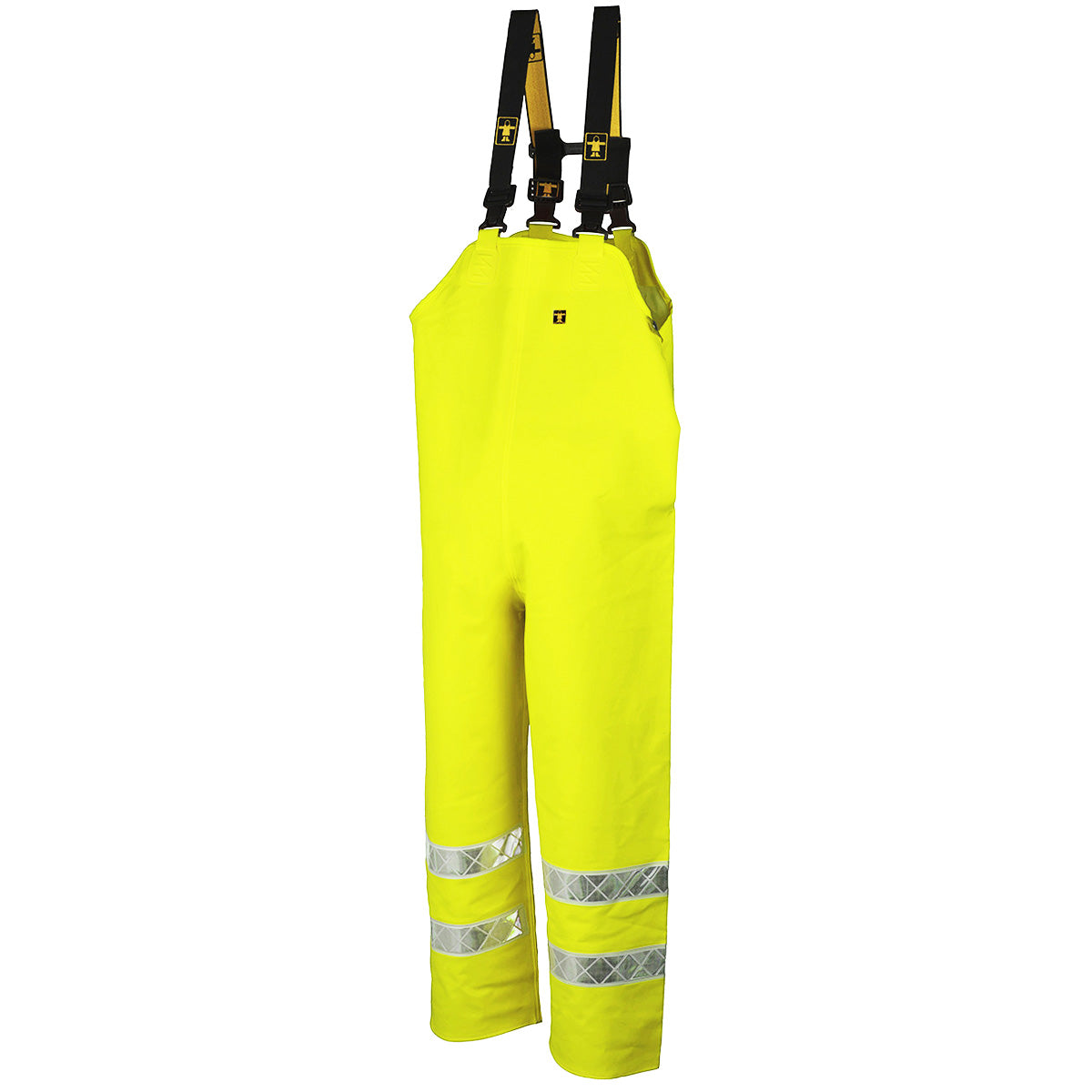Yellow waterproof reversible safety bib overalls with reflective stripes on a white background