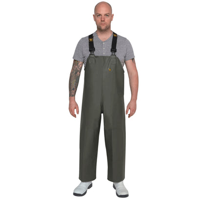 Guy Cotten Barossa Bib & Braces reversible overalls in green with adjustable suspenders on model