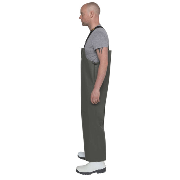 Guy Cotten Barossa Bib & Braces reversible overalls in green side view with adjustable gusset