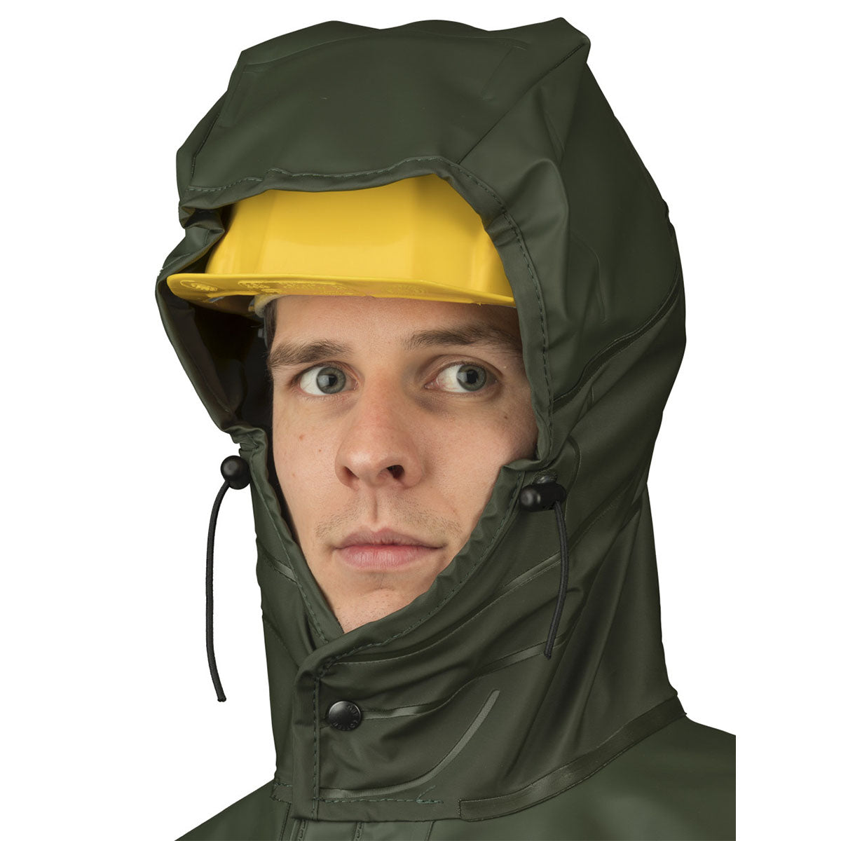 Person wearing Guy Cotten Magic Hood with hard hat underneath for maximum safety - Rosbras, Isoder, Isocomb, Isofarmer